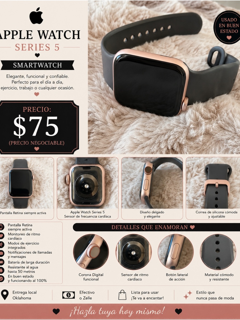 Apple Watch Series 5 Rose Gold Case with Black Silicone Band